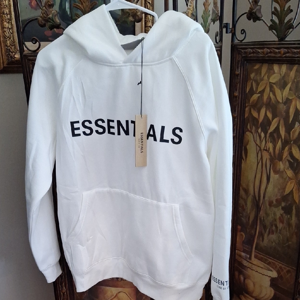 Essentials White Hoodie with Black ESSENTIALS Logo
